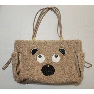 Eye Theme Womens Faux Sheep Fur Tote Bag Purse Beige 2-Handle Pockets Animal
